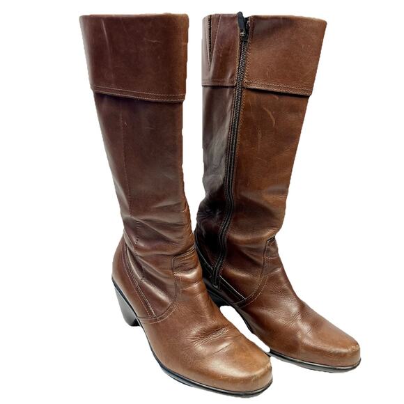 Dansko Shoes - Dansko Risa Brown Distressed Leather Knee High Cuffed Zip Heel Boot Size 7.5-8